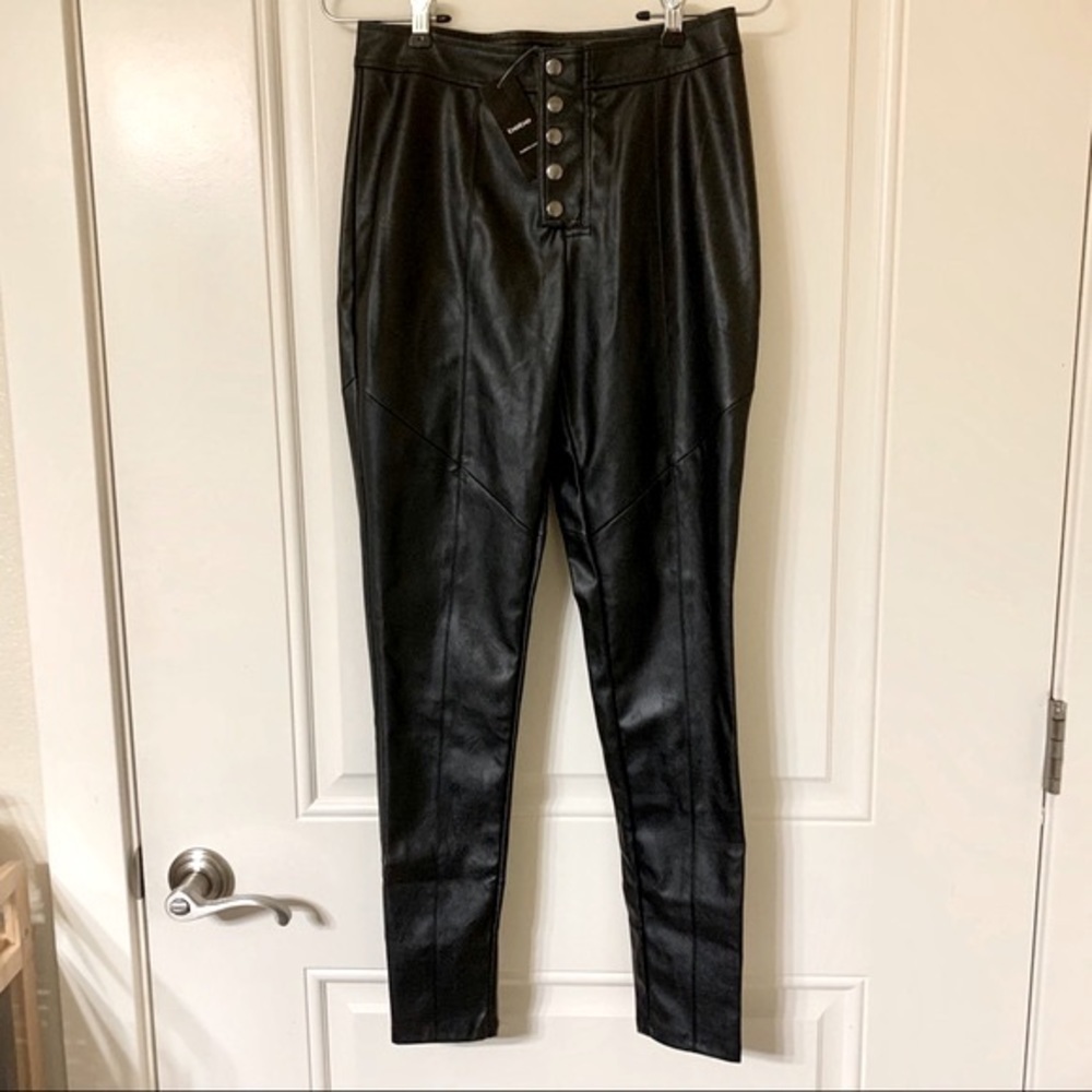 Black Leather Button Front Seamed Leggings - Picture 3 of 4